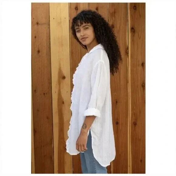 CP Shades Ruffle Top White Size Extra Large Linen Tunic Length - Picture 2 of 7